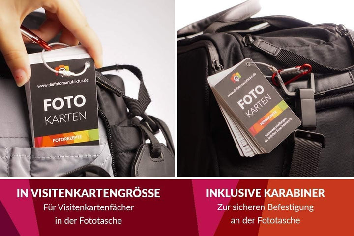 Fotokarten Fotorezepte | 20 Fotografie-Spickzettel mit Kameraeinstellungen & Tipps | CheatCards für