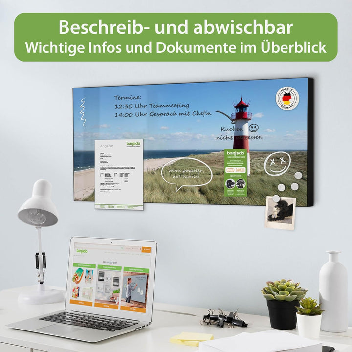 banjado Magnettafel schwarz 78 x 37cm / Magnetwand Metall/Magnetpinnwand als Memoboard/Pinnwand Magn