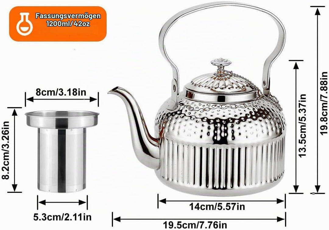 SANQIAHOME® 1,4 Liter Edelstahl-Teekanne mit Siebeinsatz, mit Teesiebgriff,Induktionsgeeignet Silber
