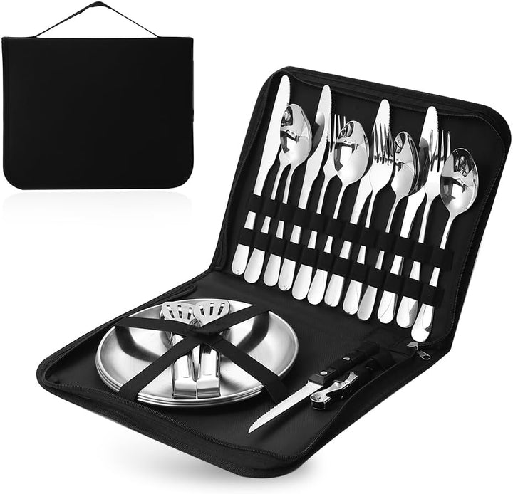 Cynrikah Camping Geschirr Set 4 Personen, Camping Besteck Set Edelstahl Camping-geschirr 20PCS Campi