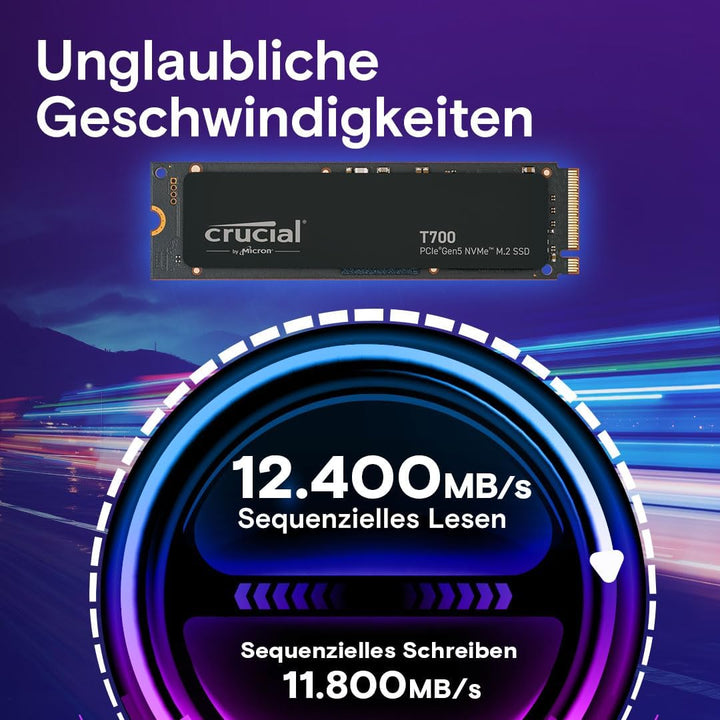 Crucial T700 1TB SSD PCIe Gen5 NVMe M.2 Interne SSD, bis zu 11.700MB/s, Microsoft DirectStorage, PCI