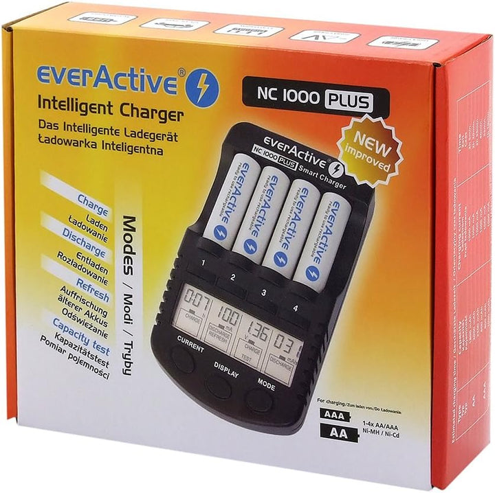 everActive Ladegerät für 4 Akkus AAA AA, professionell und schnell, LCD Anzeige, Kapazitätstest, KFZ