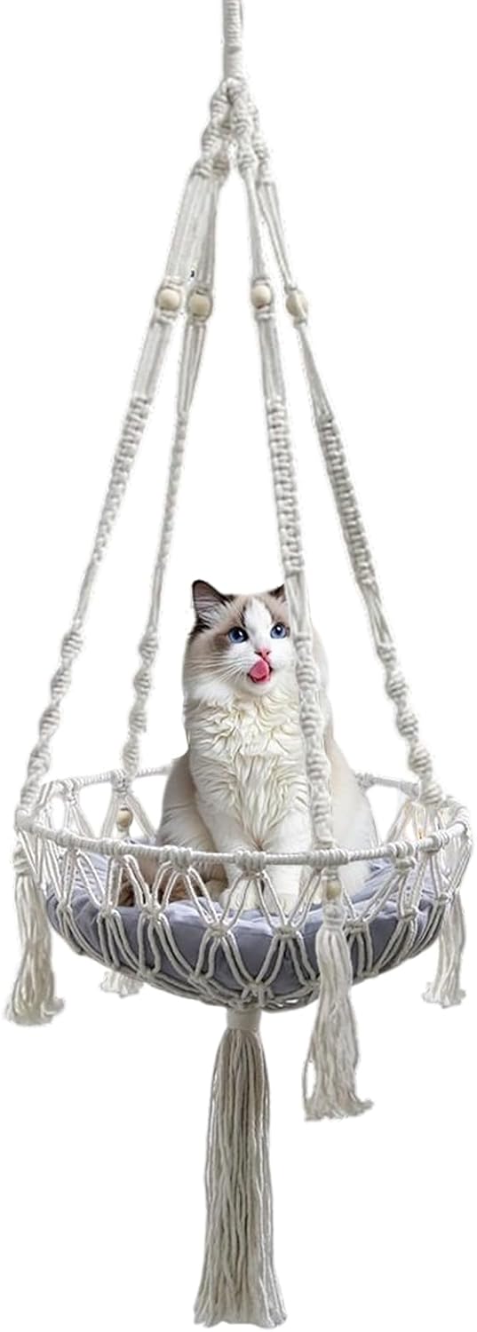Generisch Macrame Katzen Hängematte - Makramee Hängesessel Im Boho Stil - Geflochtener Baumwollnetzk