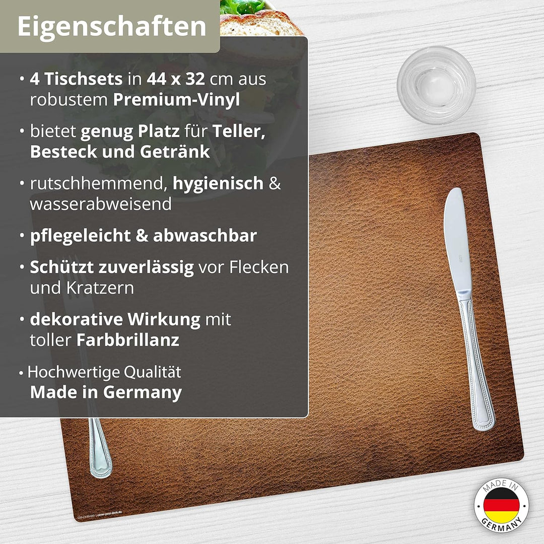Tischsets | Platzsets abwaschbar – Leder Optik Braun – aus Premium Vinyl (Kunststoff – BPA-frei) - 4