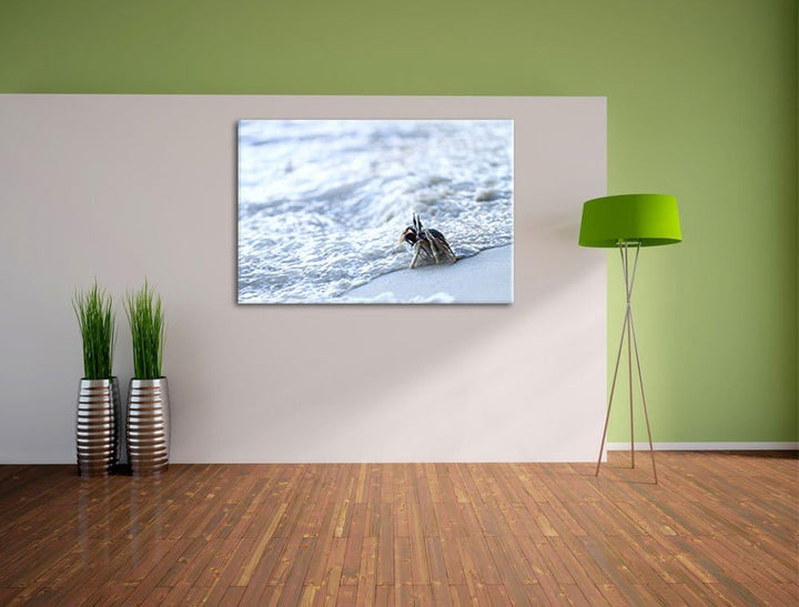 kleine Krabbe am Strand Leinwand, XXL riesige Bilder fertig gerahmt mit Keilrahmen, Kunstdruck auf W