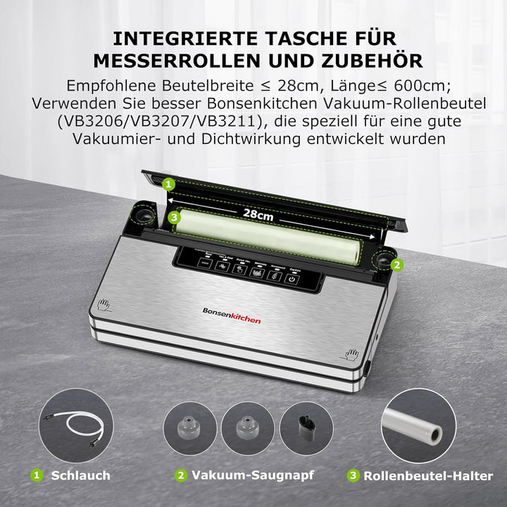 Bonsenkitchen Vakuumierer, Stark Vakuumiergerät mit 5 Modi, 8 L/Min, Globefish-Technologie für Konti