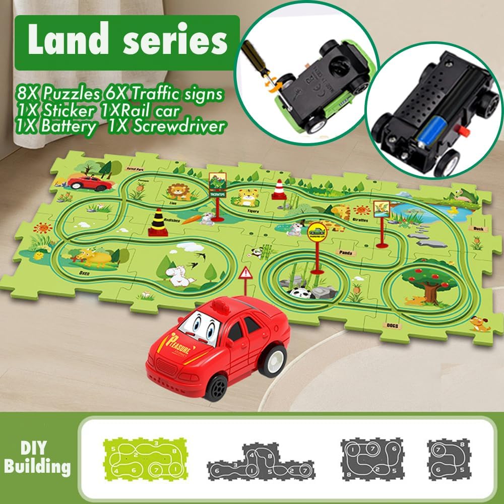Auto Autorennbahn 12pcs DIY-Puzzlebahn für Kinder DIY-Route Cars Geschenkspiele ab 2-6 Jahren (Land)