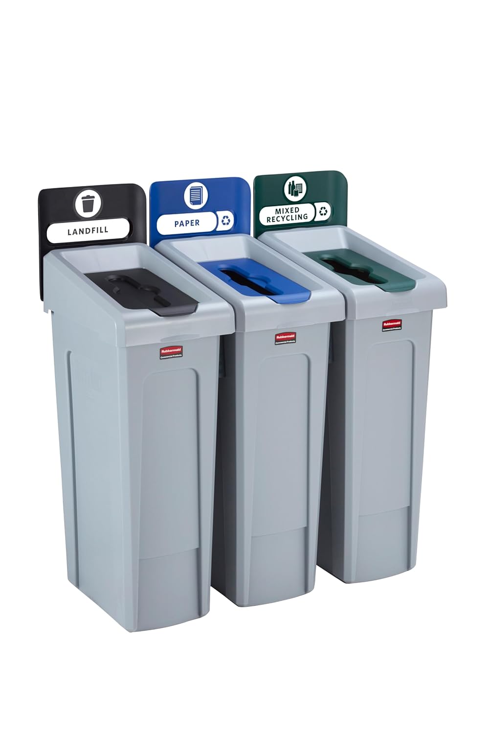 Rubbermaid Commercial Products Slim Jim Recyclingstation 3-fach Set Grau Deponie/Papier/Gemischtes R