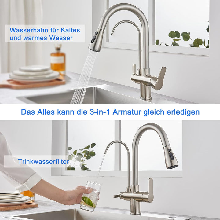KEOKBON Filter-Küchenarmatur mit Trinkwasserhahn, 3-Wege-Küchenarmatur mit hohem Bogen, 3 in 1 Misch