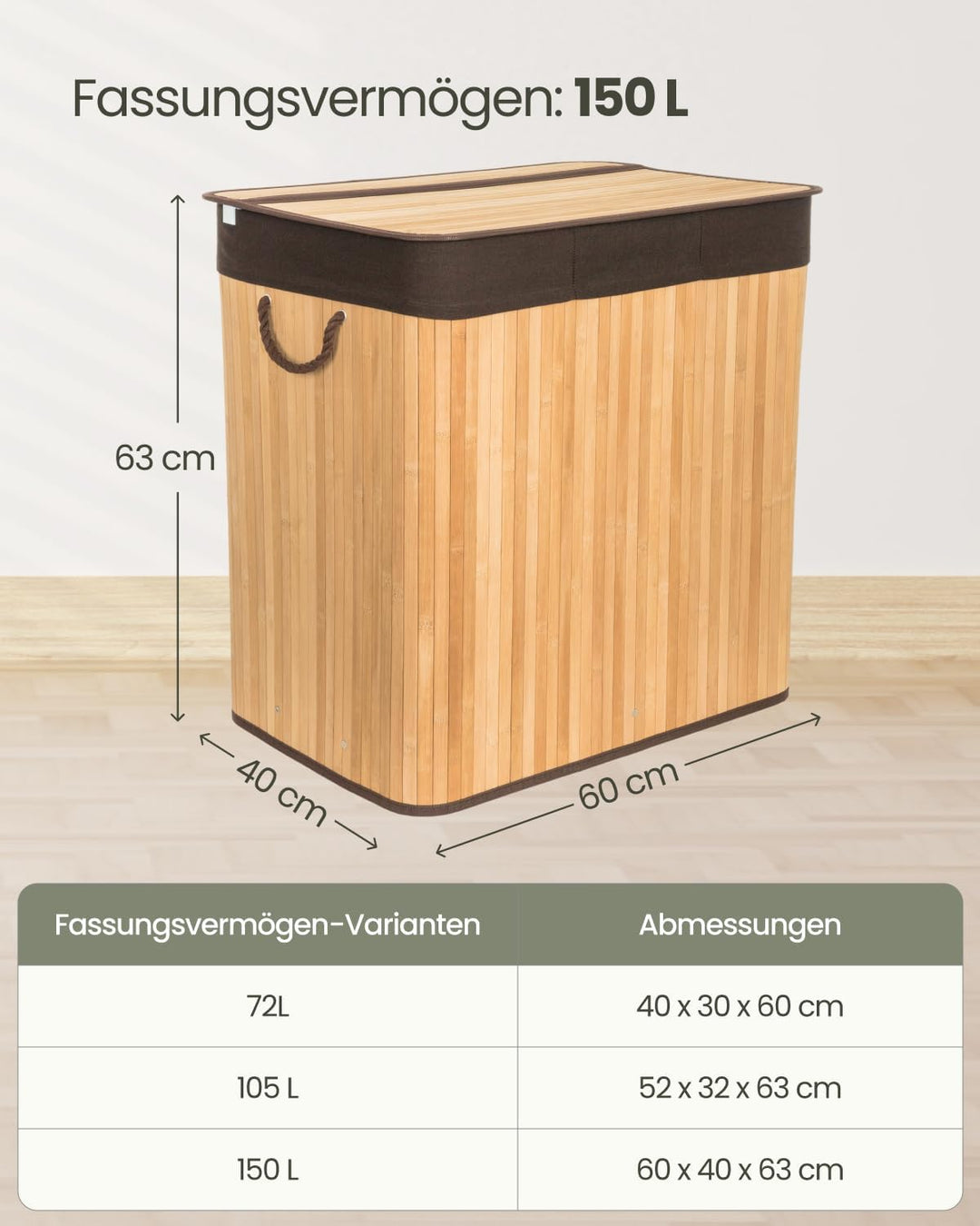 G21 Bambus Wäschekorb 3 Fächer 150L, Stabiler Wäschesammler mit Deckel und mit Henkel, Braune Wäsche