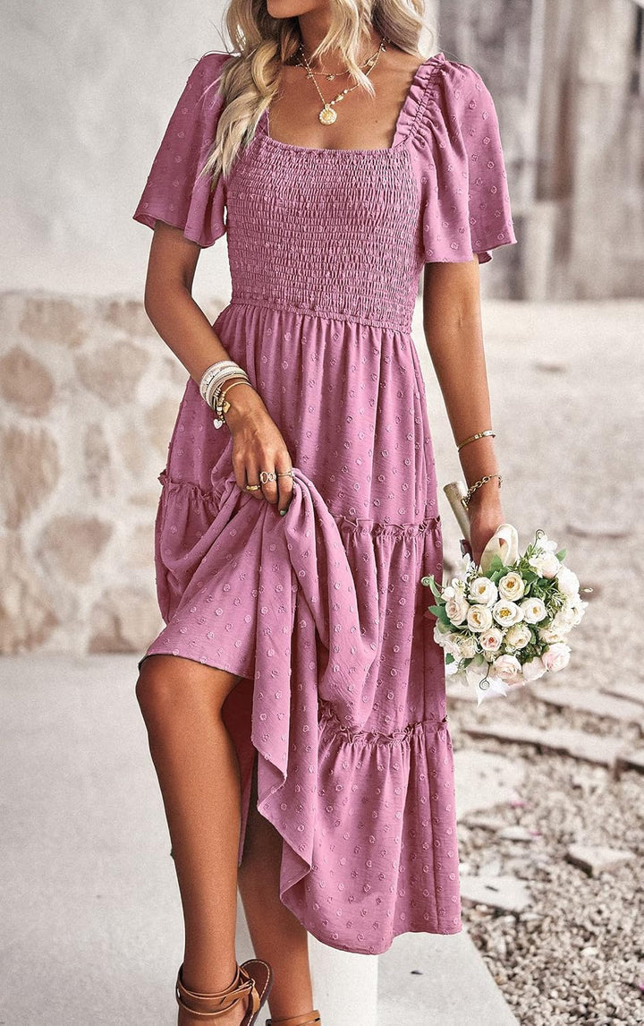 Damen Smocked Midi Kleid Kurzarm U-Ausschnitt Sommerkleid A-Linie Maxikleid Cocktail S Rosa Lila, S