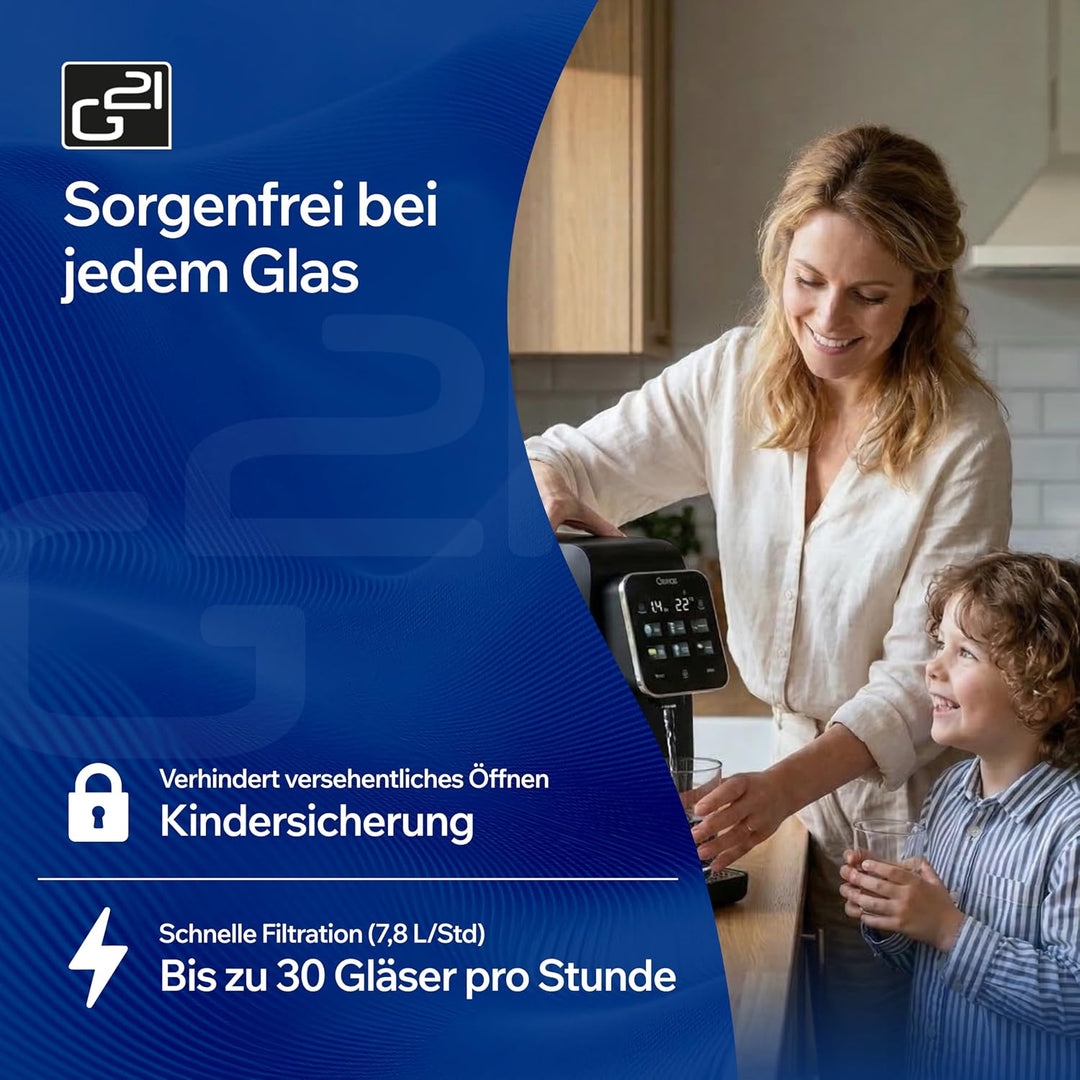 G21 Osmo Osmoseanlage Trinkwasser 3L, 1:1 Rein- zu Abwasserverhältnis, Umkehrosmoseanlage mit Heissw