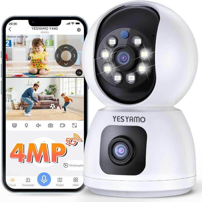 YESYAMO Überwachungskamera Innen mit 4MP Doppelobjektiv, 360° PTZ Kamera Indoor, Duale Ansicht, 5Ghz