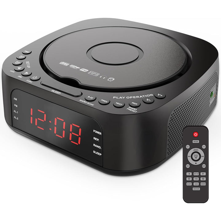 CD-Player-Wecker mit Fernbedienung, Verstellbarem LED-Display, USB-Ladegerät und Dimmbarem Display f