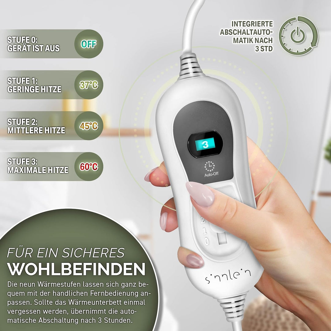 sinnlein Wärmeunterbett 150x80cm mit Abschaltautomatik | Heizdecke mit 3 Temperaturstufen | Wärmebet