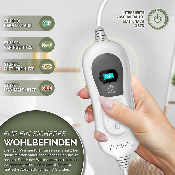 sinnlein Wärmeunterbett 150x80cm mit Abschaltautomatik | Heizdecke mit 3 Temperaturstufen | Wärmebet