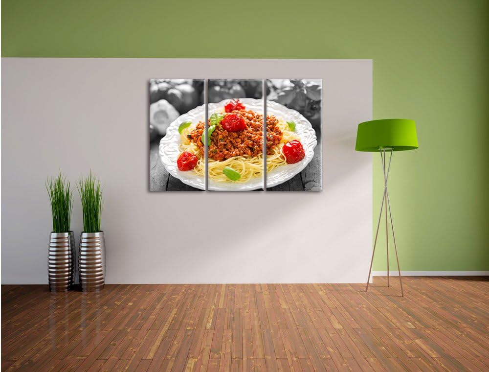 Pixxprint Spaghetti Bolognese auf dem Teller / 3-Teilig/Gesamtmass 120cm Leinwandbild bespannt auf H
