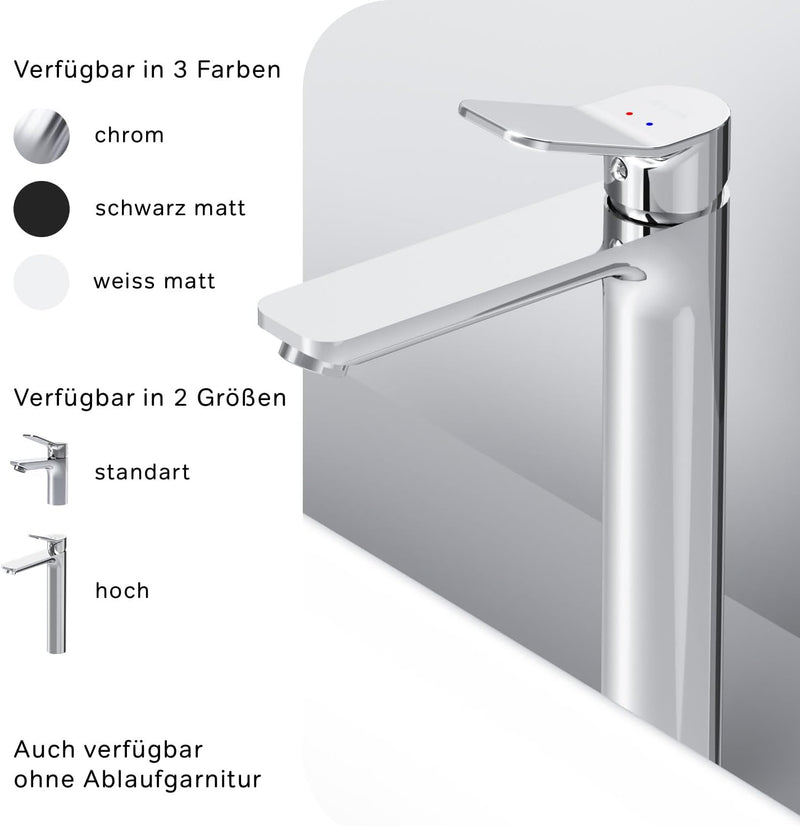 AM.PM Waschtischarmatur Hoch für Aufsatzwaschbecken mit Klick- Ablaufgarnitur, Chrom (X-Joy FXA92200