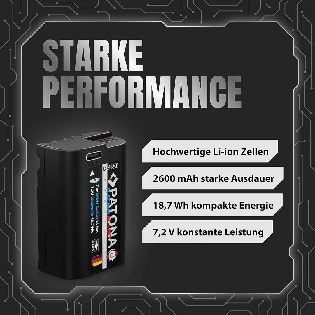 PATONA Platinum DMW BLK22 E USB Akku (2600mAh) mit direktem USB-C Eingang (1401) Lumix DC-S5 DC-S5D