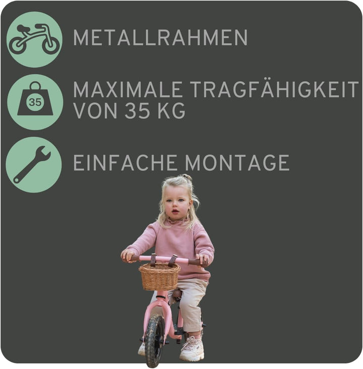 Bandits &amp; Angels Laufrad aus Metall mit Weidenkorb ab 2 Jahren – Lauflernrad – Verstellbarer Sattel