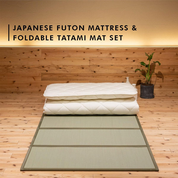 EMOOR Japanische Futon Matratze Premium CLASSE 100 x 200 cm und Faltbare Tatami Matte (Igusa Matratz