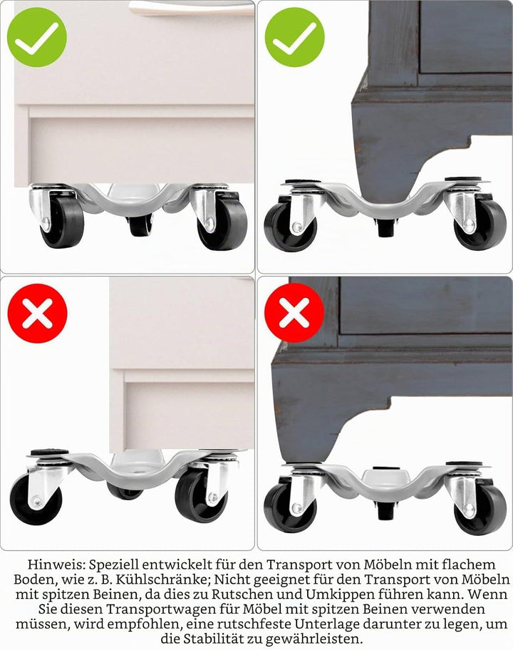 QWORK 4 Stück 152mm Möbelroller, Transport Roller, 180kg Tragfähigkeit, 3 Lenkrollen Rollbrett Umzug