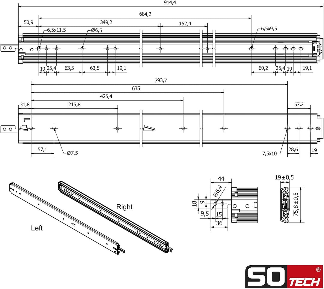 1 Paar SOTECH Schwerlastauszüge VarioSlide KV2-200-H76-L900-EH 914,4 mm mit Lock-in/out Einrastfunkt