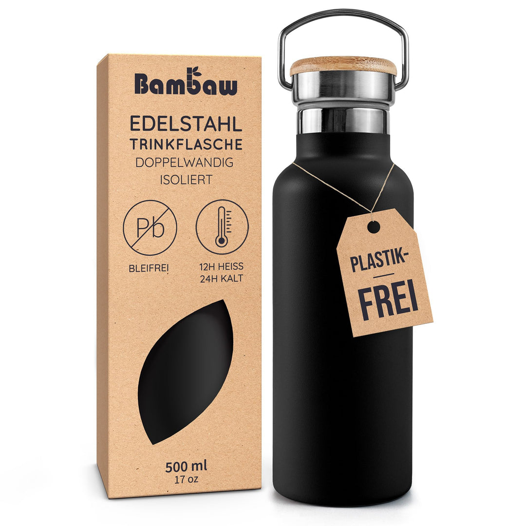 Bambaw Isolierflasche 500ml, Schwarze Trinkflasche, Edelstahl Trinkflasche, Thermosflasche Fahrrad,