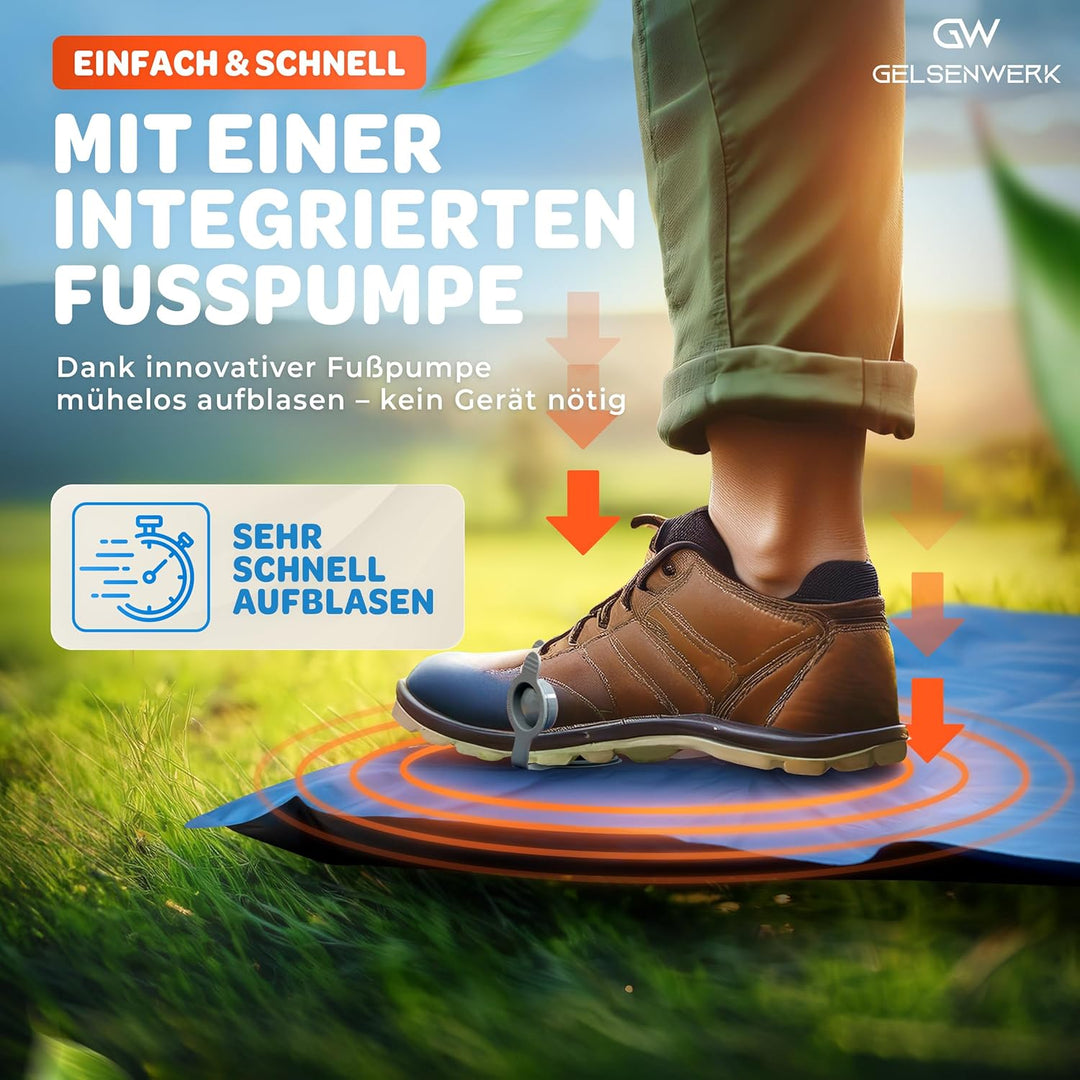 Isomatte Camping Ultraleicht 10cm & kleines Packmass - Camping Luftmatratze mit Fusspumpe & Kopfkiss