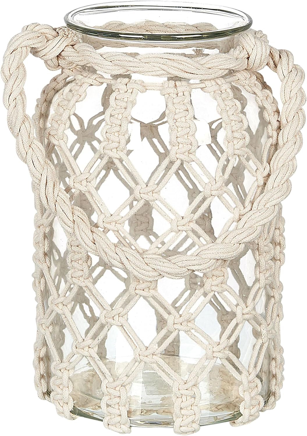 Laterne Glas weiss 31 cm mit Griff Makramee geflochten Tischdeko Boho Jalebi
