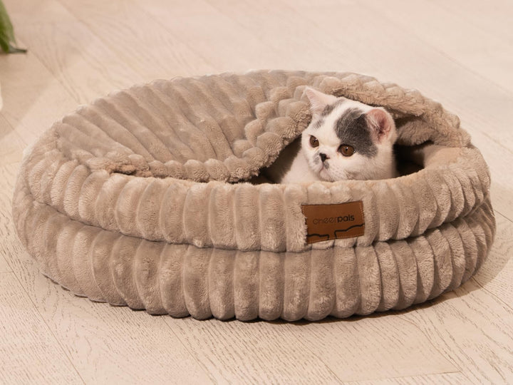 CheerPals Katzenbett mit Deckel 50cm, Waschbar Kuschelhöhle, Winterversteck mit Hochelastischer Schl