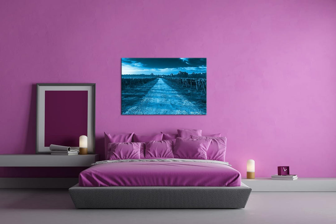Feldweg in der Toskana Format 80x60 Effekt: Monocrome Blau als Leinwandbild, Motiv fertig gerahmt au