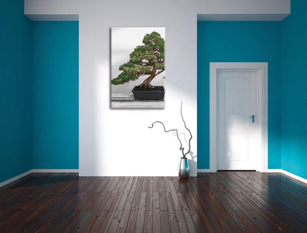 Pixxprint Bonsai Baum auf Holztisch als Leinwandbild/Grösse: 120x80 / Wandbild/Kunstdruck/fertig bes