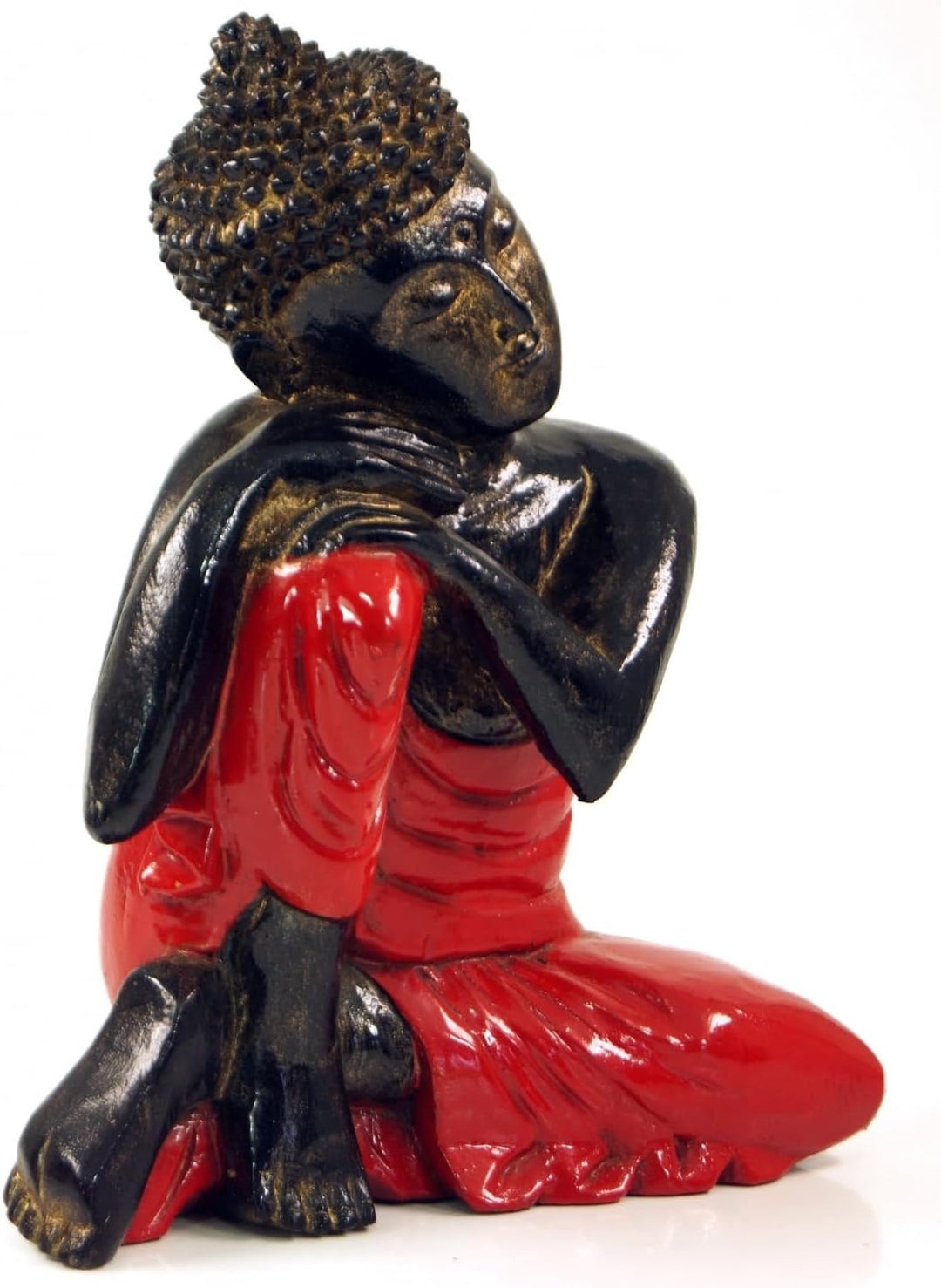 GURU SHOP Geschnitzte Sitzender Buddha Figur, Träumender Buddha - Rot/Links, 28x21x12 cm, Buddhas