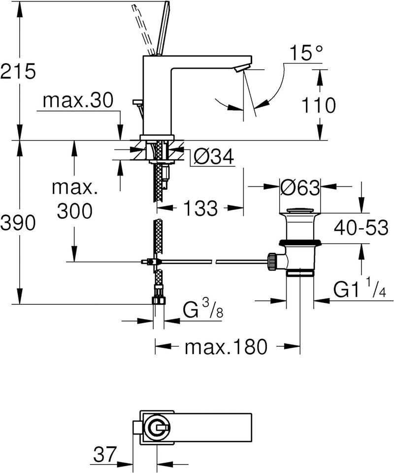 Grohe Einhand-Waschtischbatterie, DN 15 M-Size, 1 Stück, 23657000, Grau M mit Zugstangen-Ablaufgarni