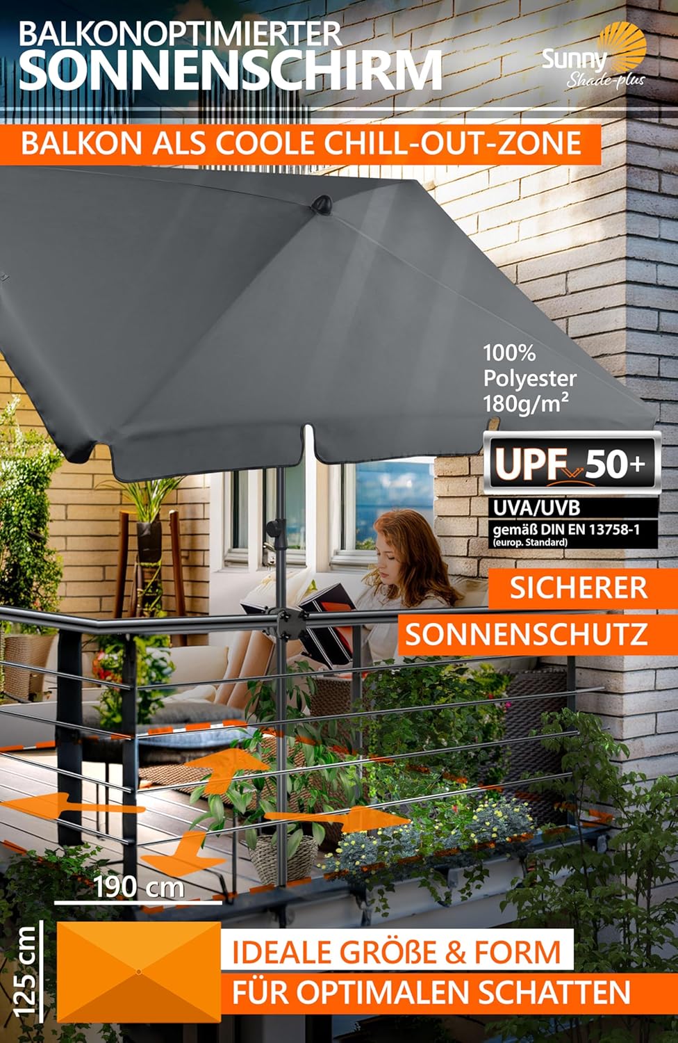 4smile Sonnenschirm Balkon SunnyShade 3-in-1 SET, Anthrazit - 200 x 125 cm Sonnenschutz Balkon - UPF