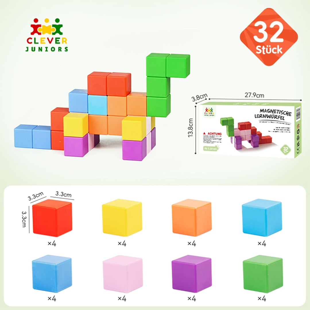 Magnetische Lernwürfel, 32 Stück Magnetbausteine, Lernspielzeug für Kinder ab 3 Jahren, Bunt