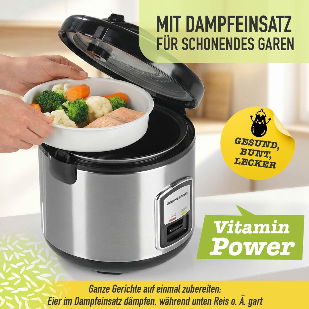 GOURMETmaxx Kompakt-Reiskocher &amp; Dampfgarer, 1L, inkl. Dampfeinsatz, Gartopf, Reislöffel &amp; Messbeche