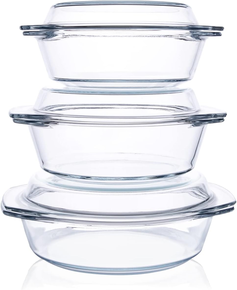 Set 6 Stücke Rund Auflaufform aus Gehärtetem Glas Set, 1L+1.5L+1.8L Glas Backform mit Deckel für Bac