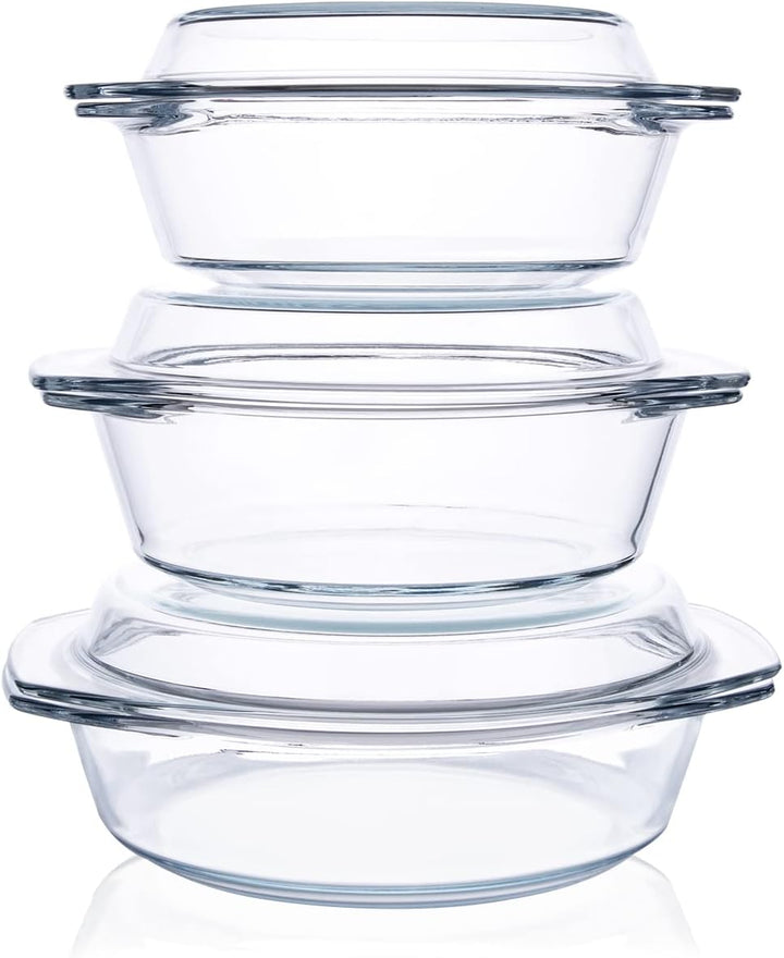 Set 6 Stücke Rund Auflaufform aus Gehärtetem Glas Set, 1L+1.5L+1.8L Glas Backform mit Deckel für Bac