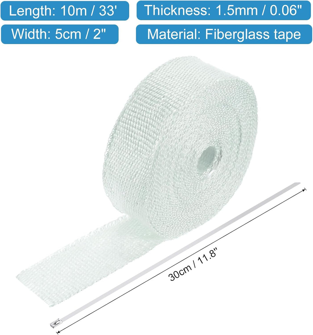QUARKZMAN Hitzeschutzband 10 Meter x 5cm Auspuff Dichtband Auspuffband Fibreglass mit 4 Edelstahl Ka