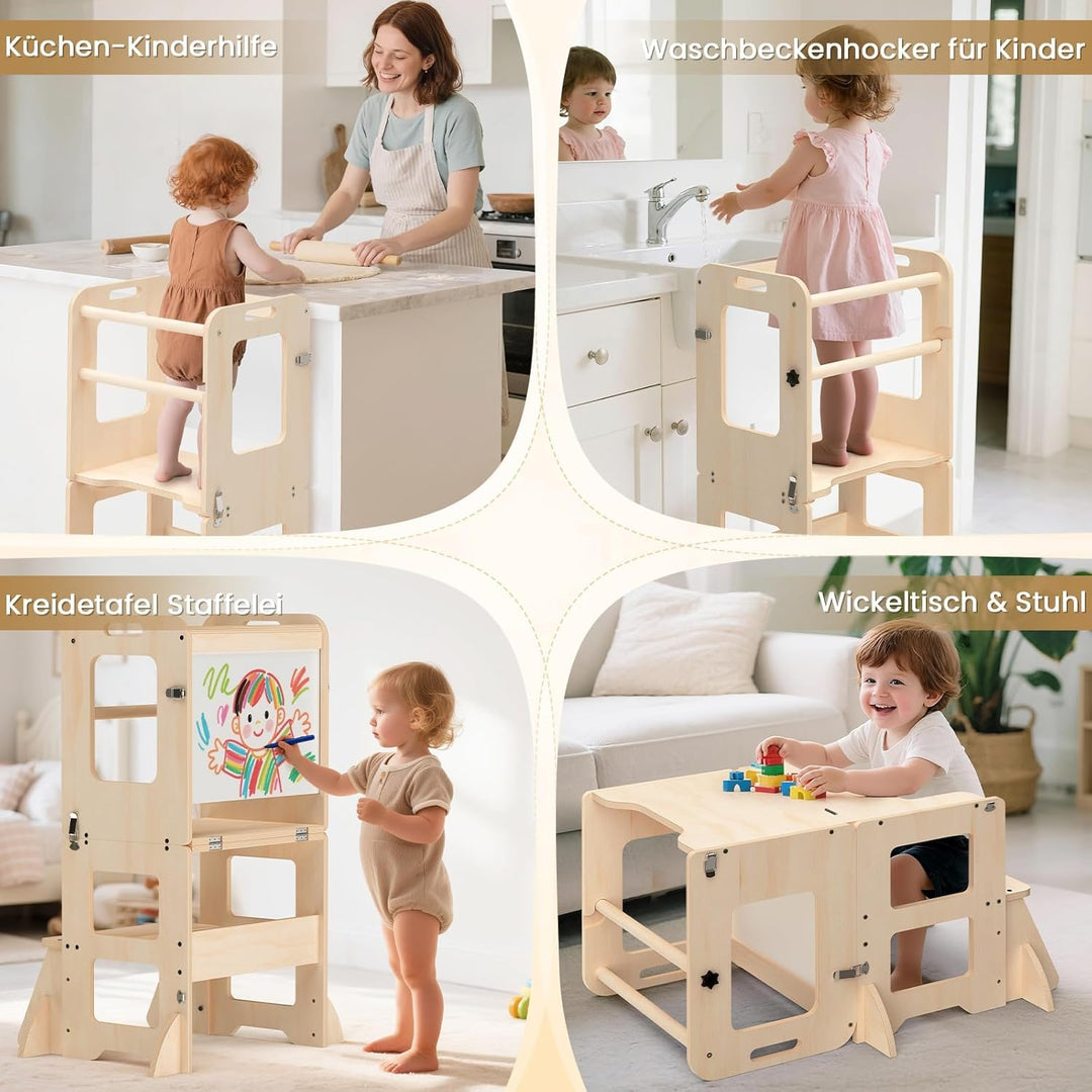 Montessori Lernturm ab 1 Jahr, 4 in 1 Montessori Learning Tower für Kinder mit Rausfallschutz, Lernt