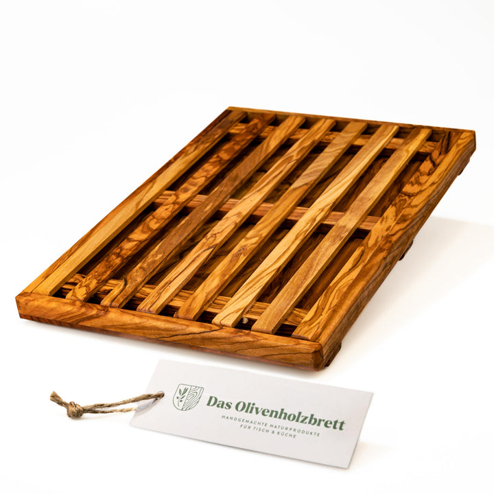 DAS OLIVENHOLZBRETT® Brotschneidebrett/Brotbrett mit Auffangbehälter/Krümmelrost 35cm x25cm 35L x 25