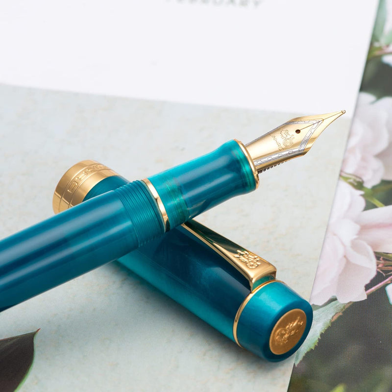 Jinhao Classic Füllfederhalter Pfauenblau Zelluloid Feine Feder mit Konveter und Stifteetui Set Pfau