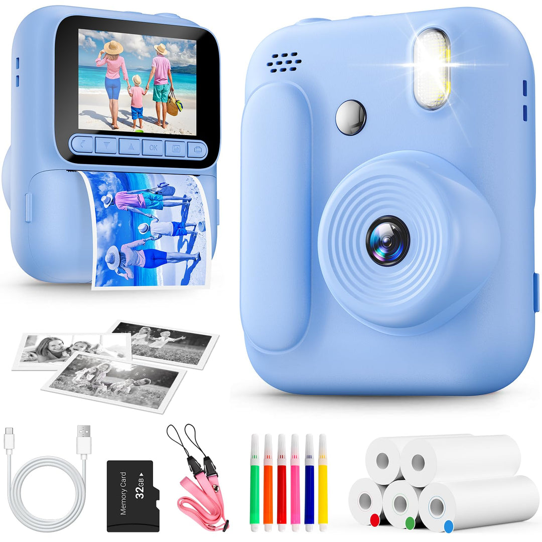 Sofortbildkamera für Kinder,1080P Kinderkamera mit 5 Rollen Druckpapier,32GB-Karte und Farbstiften,T