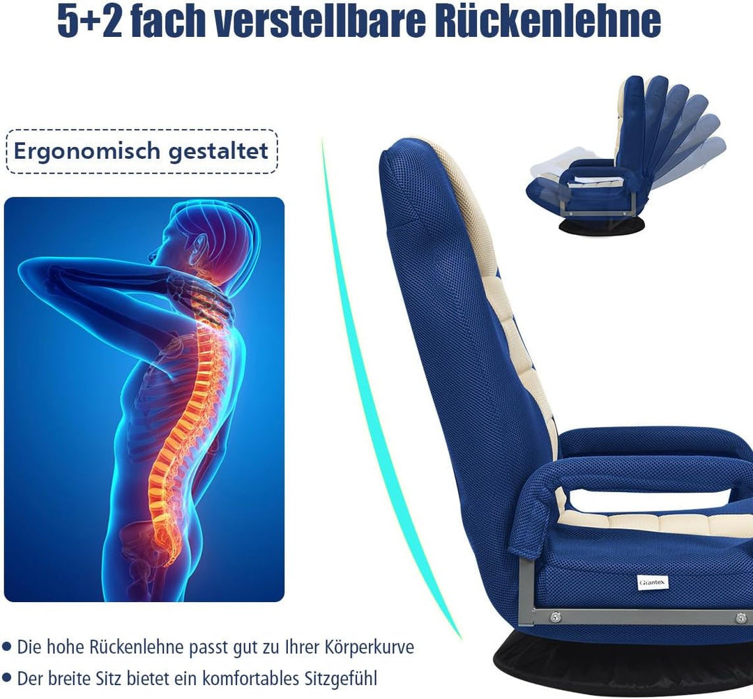 RELAX4LIFE Bodenstuhl Klappbar, Bodensessel mit 7-Fach Verstellbarer Rückenlehne &amp; 360° drehbarem So