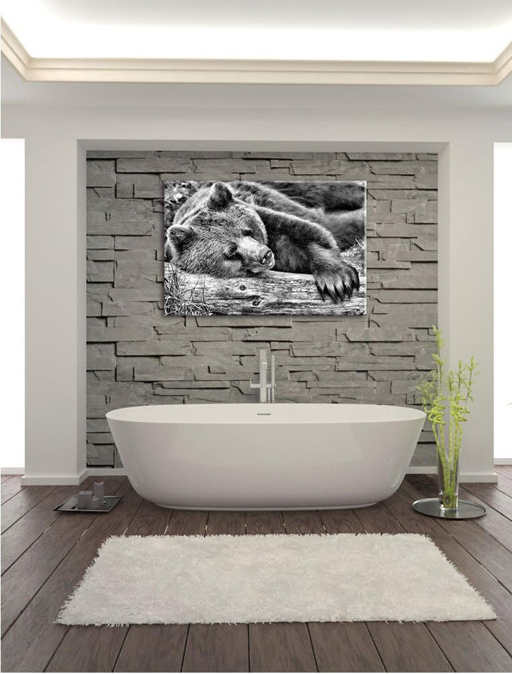 Pixxprint Bär schläft auf Baumstamm / 100x70cm Leinwandbild bespannt auf Holzrahmen/Wandbild Kunstdr