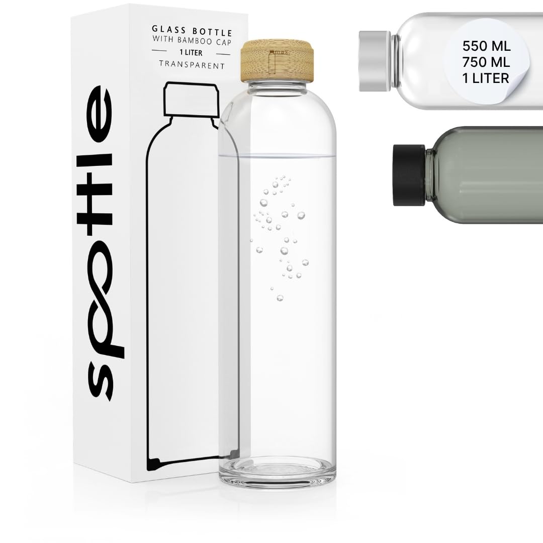 spottle Trinkflasche Glas 1L - Glasflasche in 500ml - 750ml oder 1 Liter - Glas Wasserflasche für Ko