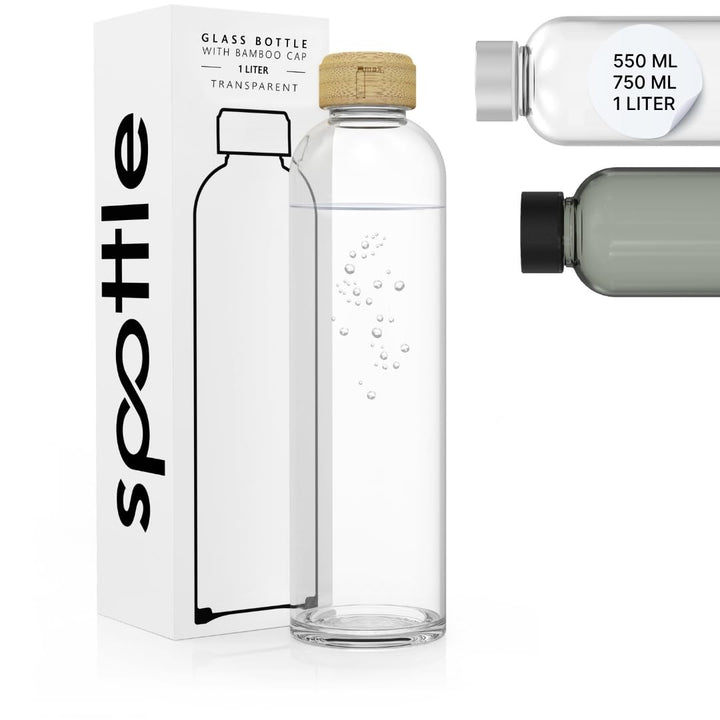 spottle Trinkflasche Glas 1L - Glasflasche in 500ml - 750ml oder 1 Liter - Glas Wasserflasche für Ko