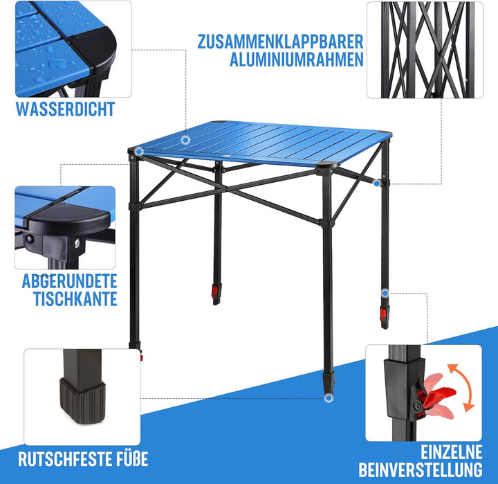 VILLEY Aluminium Klapptisch mit Tragetasche, Klappbarer Campingtisch aus Alu, Faltbarer Balkontisch,